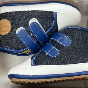 Denim and White Baby Walker Shoes with dust bag